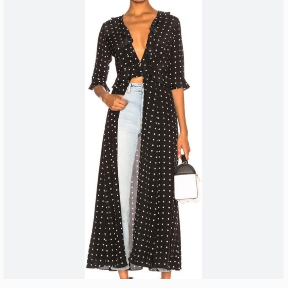 We‎ Are Leone Black Polka Dot Ruby 100% Silk Ruffle Maxi Duster Robe XS/S NEW